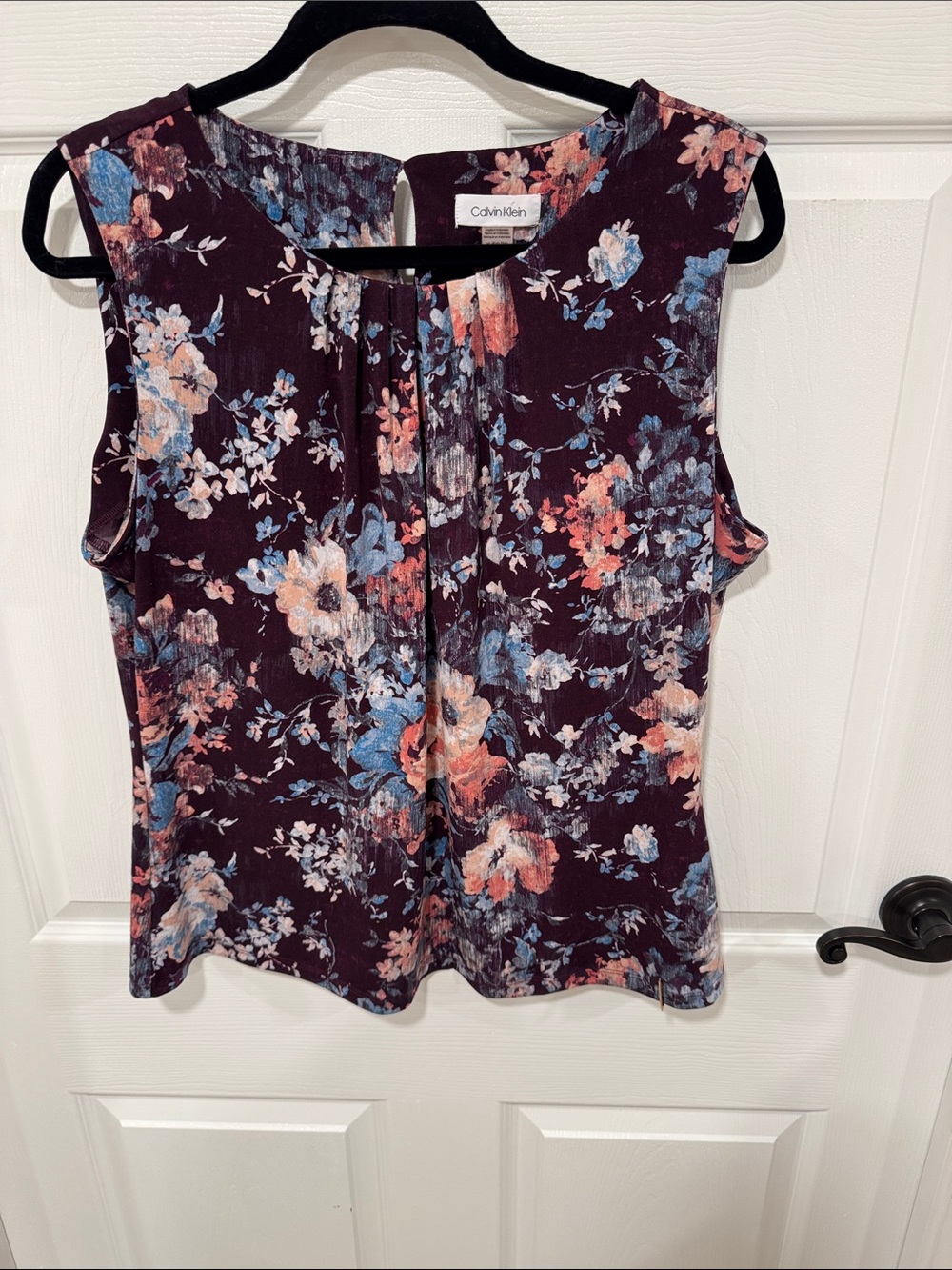 Calvin Klein Sleeveless Floral Shell Tank in Plum with Pink & Blue Accents